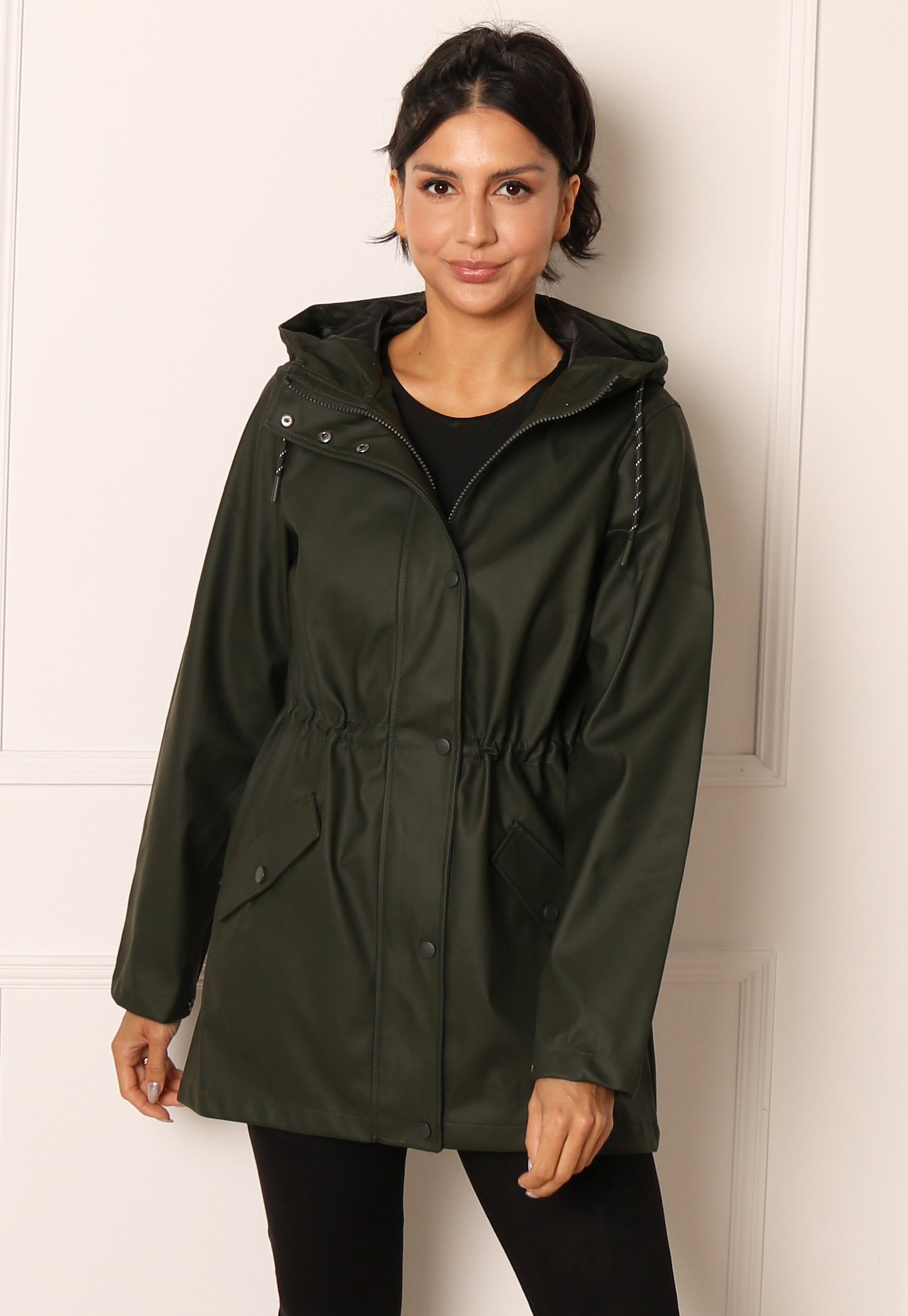 VERO MODA Lou Rubberised Matte Hooded Raincoat Mac in Khaki - concretebartops