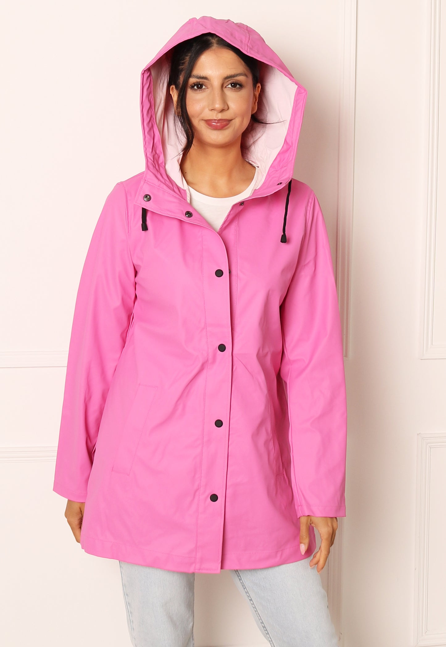 ONLY Ellen Rubberised Matte Hooded Raincoat Mac in Pink - concretebartops