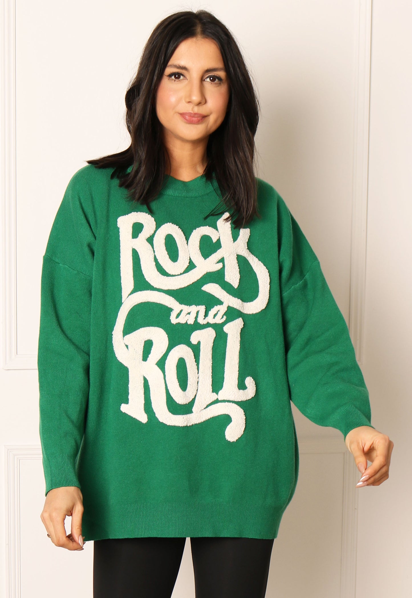 Wavy Rock and Roll Slogan Oversized Soft Knit Jumper in Green & White - concretebartops