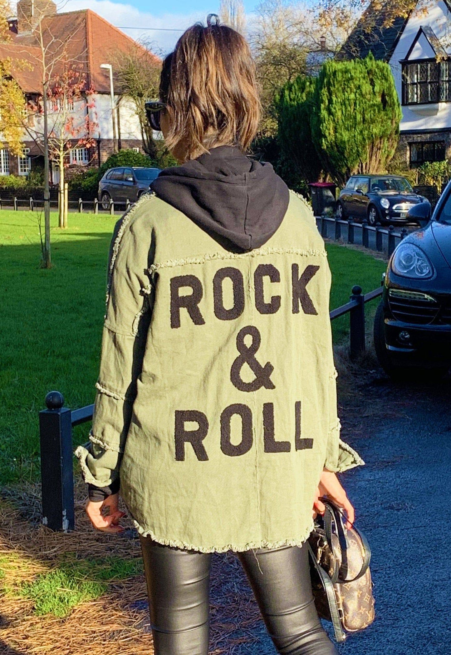 Rock & Roll Slogan Oversized Shirt Jacket in Khaki Green - concretebartops
