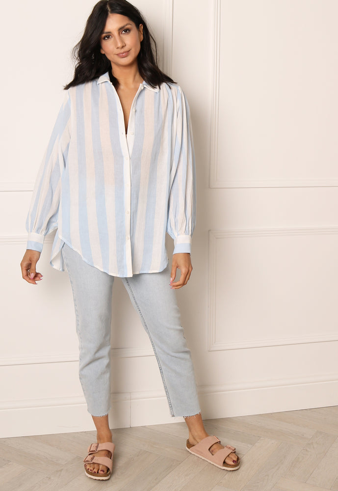 VILA Stripe Lightweight Oversized Cotton Shirt in Blue & White - concretebartops
