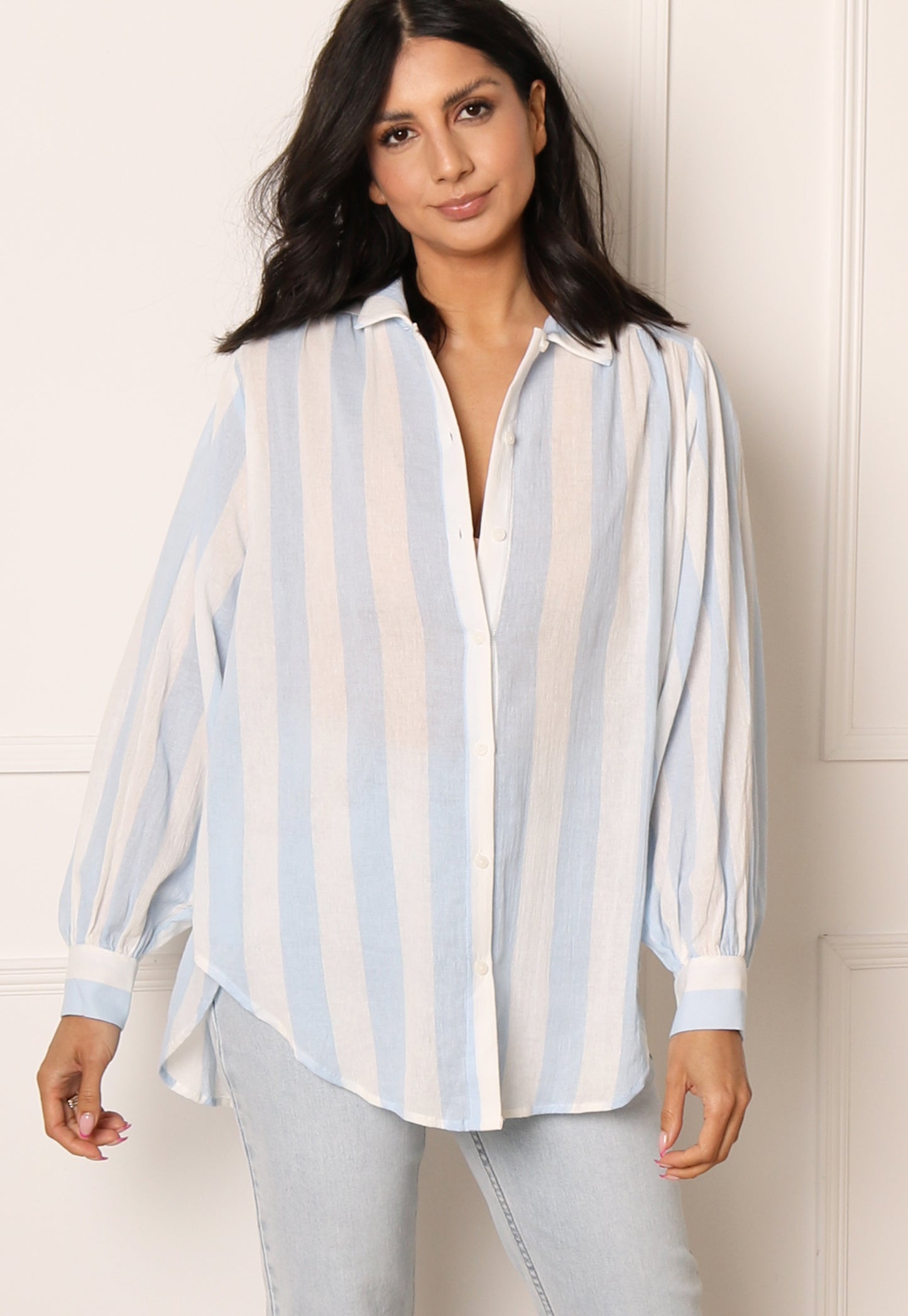 VILA Stripe Lightweight Oversized Cotton Shirt in Blue & White - concretebartops