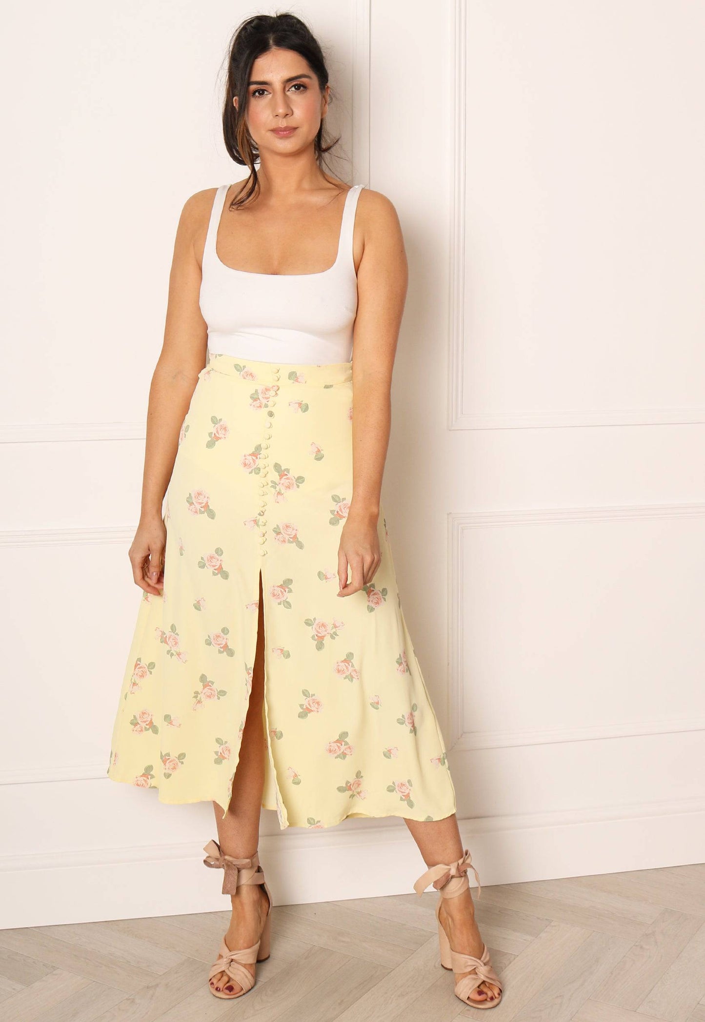 GLAMOROUS Rose Print Button Detail Slip Skirt in Lemon Yellow - concretebartops