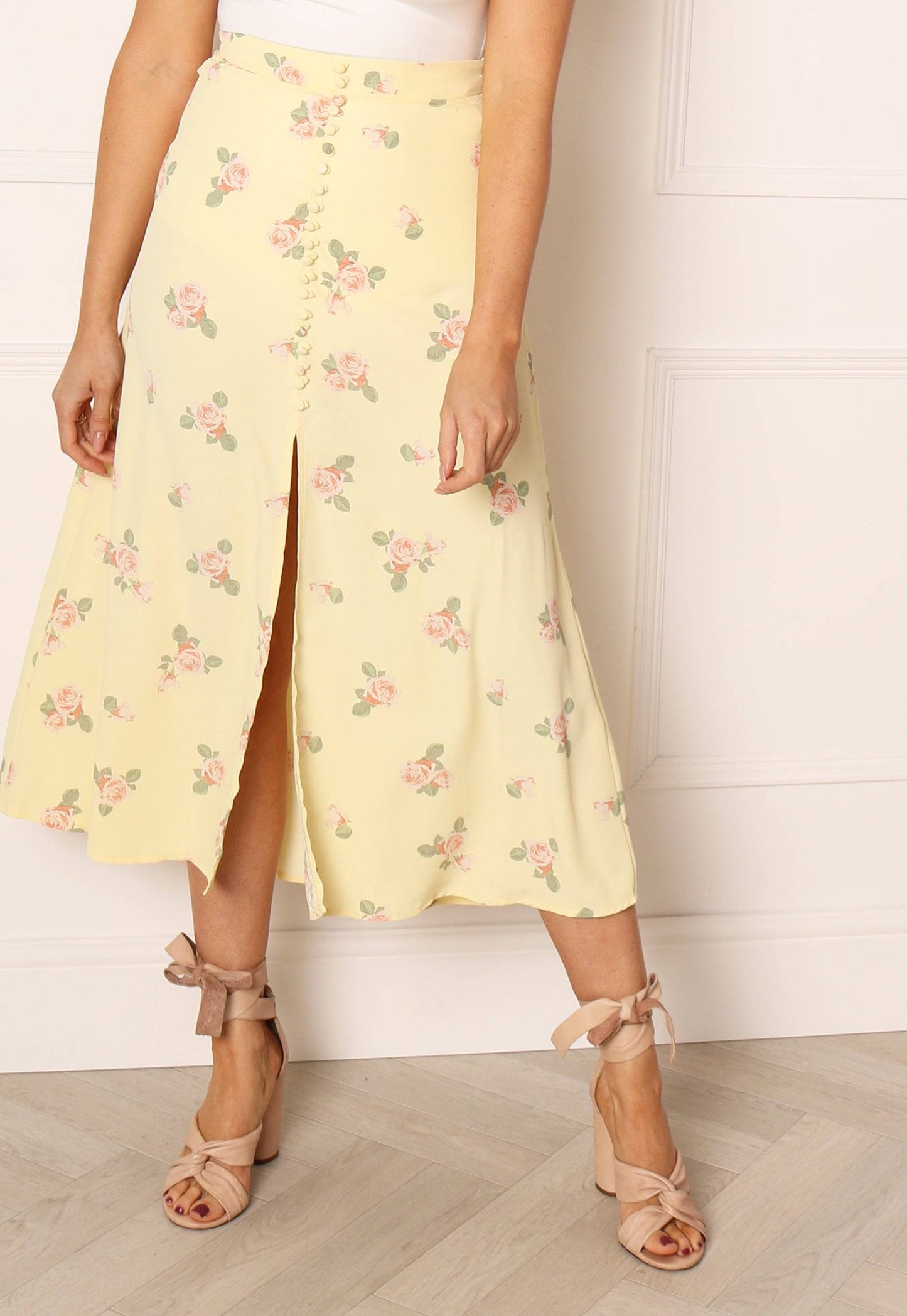 GLAMOROUS Rose Print Button Detail Slip Skirt in Lemon Yellow - concretebartops