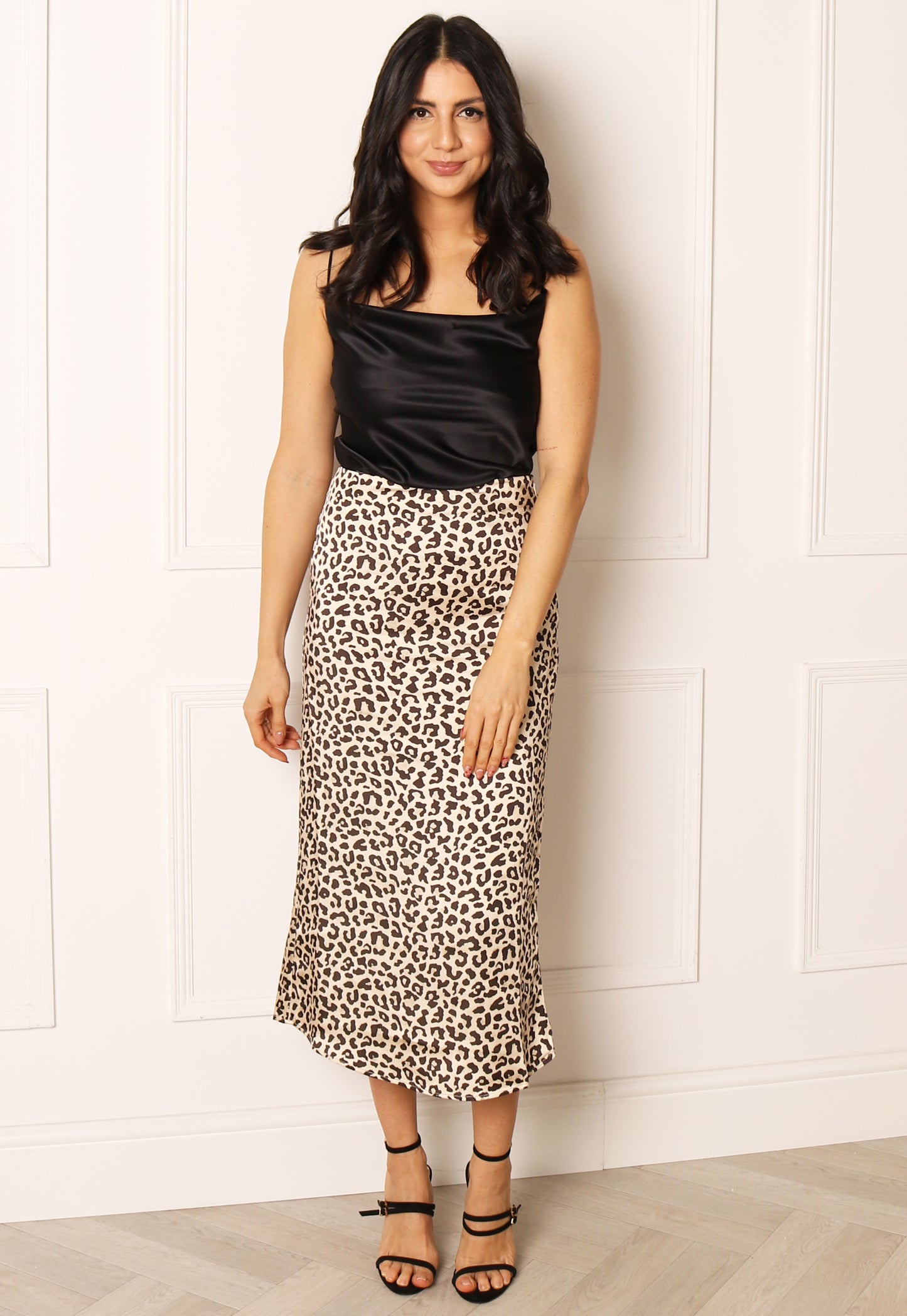 ONLY Mayra Leopard Print Satin Midi Slip Skirt in Beige & Black - concretebartops