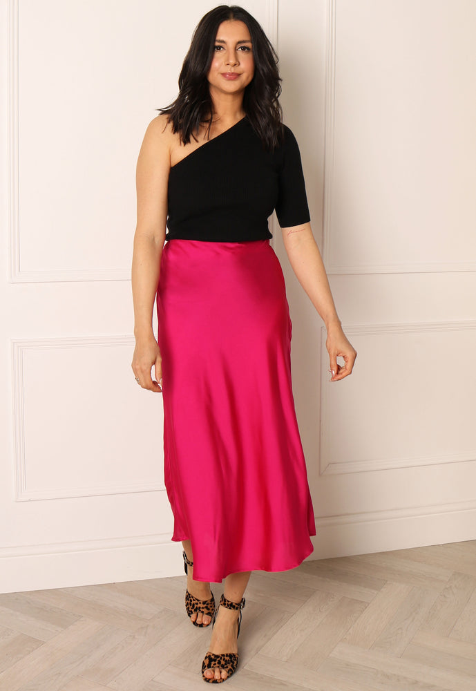 VERO MODA Heart Bias Cut Satin Midi Slip Skirt in Fuchsia Pink - concretebartops