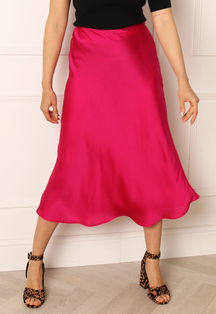 VERO MODA Heart Bias Cut Satin Midi Slip Skirt in Fuchsia Pink - concretebartops