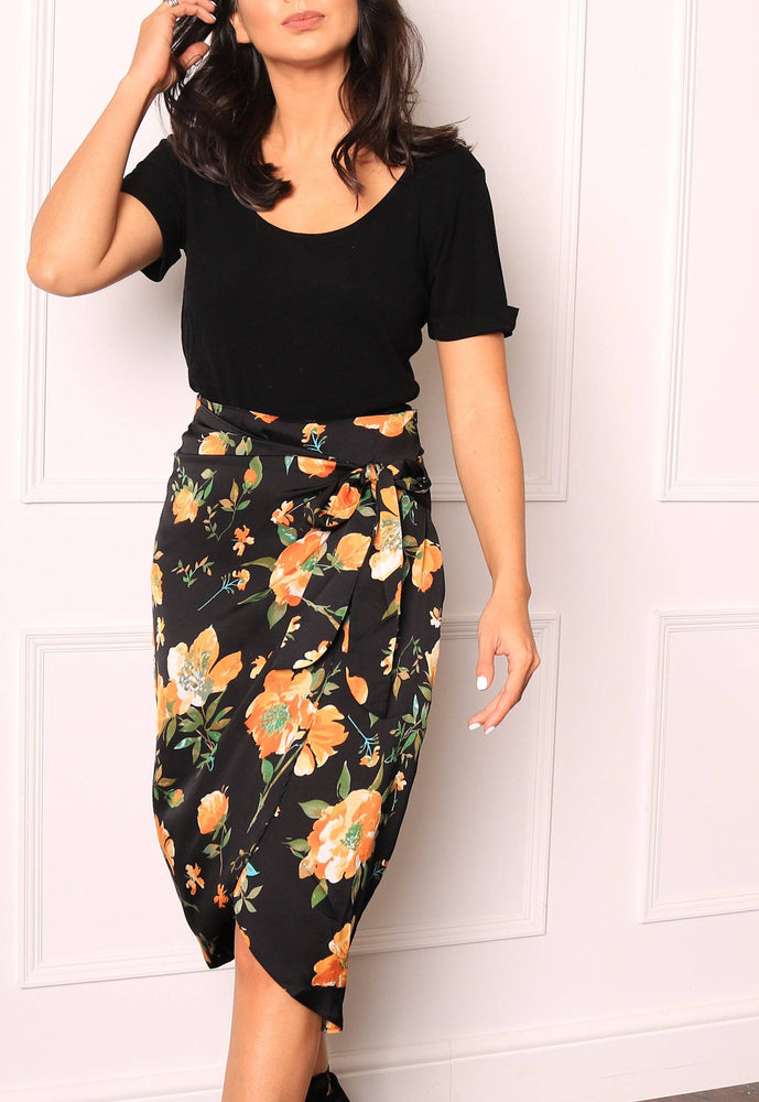 Satin Floral Wrap Over Curve Hem Midi Skirt in Black & Orange - concretebartops