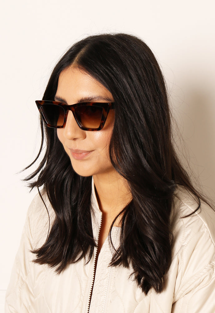 PIECES Womens Angled Cateye Sunglasses In Brown Tortoise - concretebartops