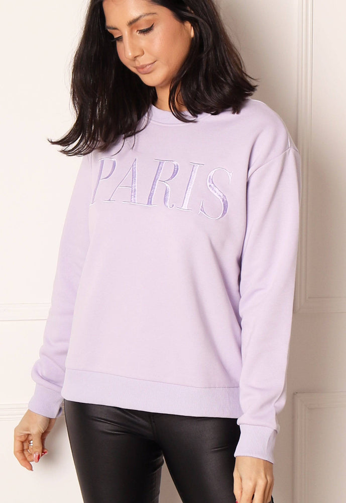 ONLY Paris Embroidered Slogan Sweatshirt in Lilac - concretebartops