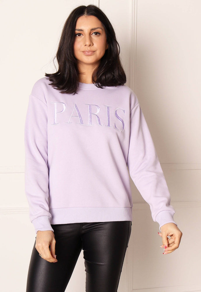 ONLY Paris Embroidered Slogan Sweatshirt in Lilac - concretebartops