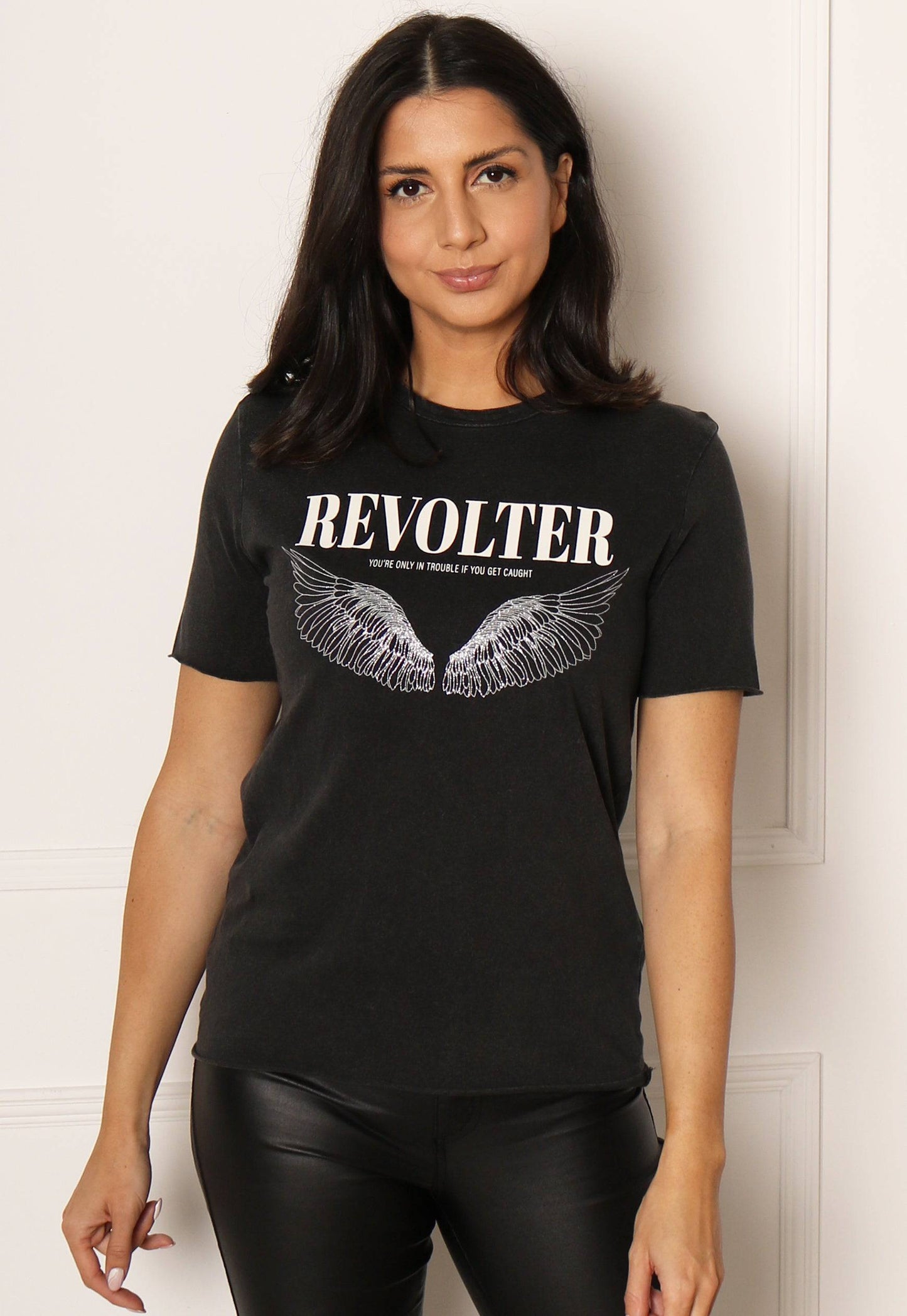 ONLY Lucy Revolter Wings Slogan Tee in Black Acid Wash - concretebartops