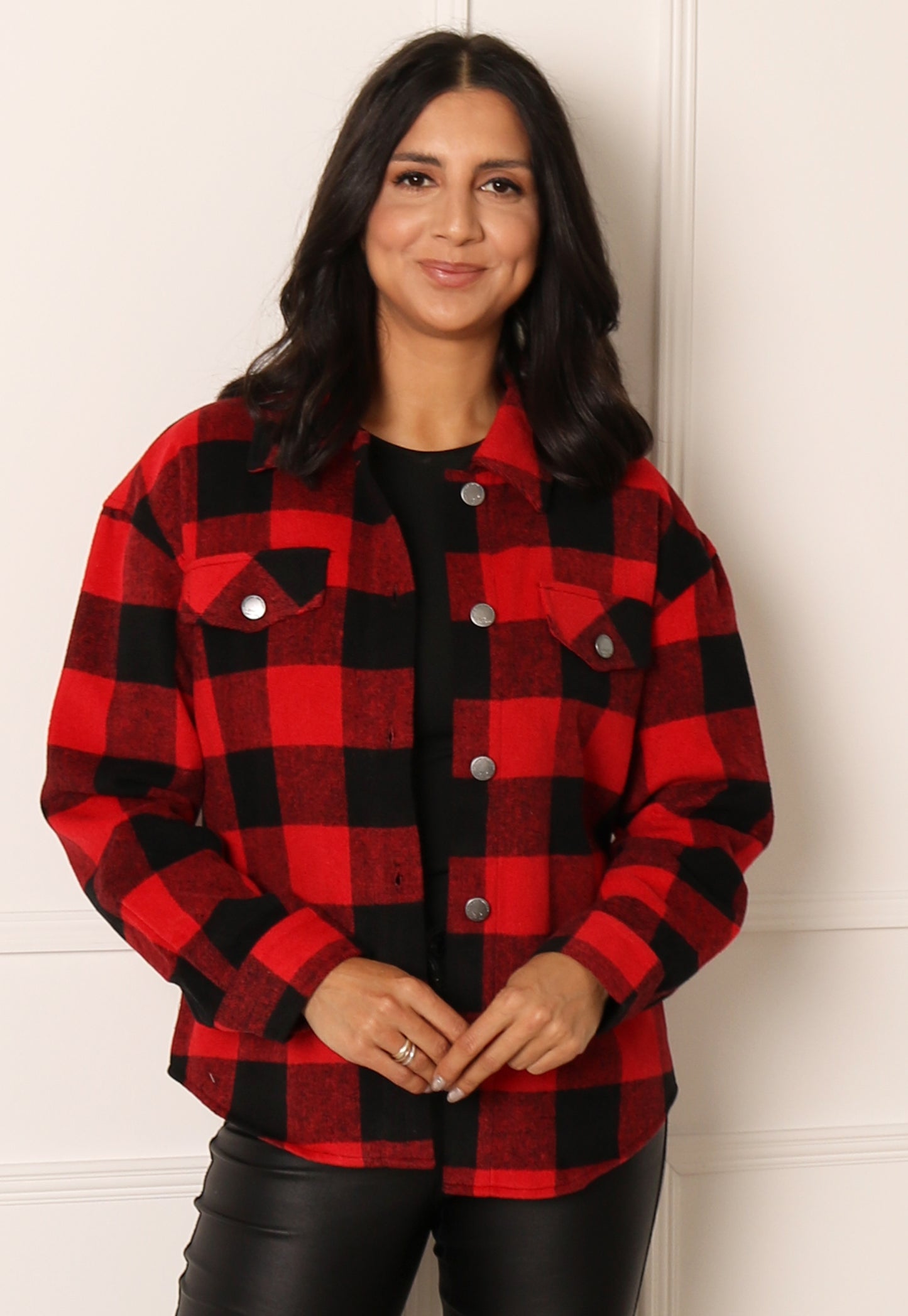 ONLY Brushed Check Shirt Shacket in Red & Black - concretebartops