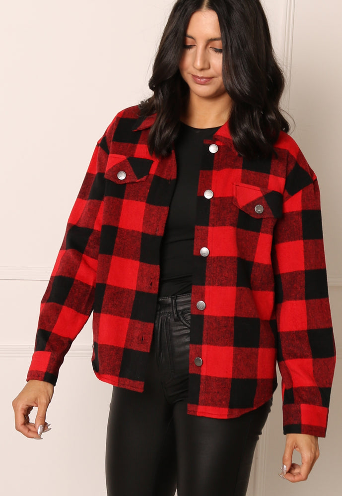 ONLY Brushed Check Shirt Shacket in Red & Black - concretebartops
