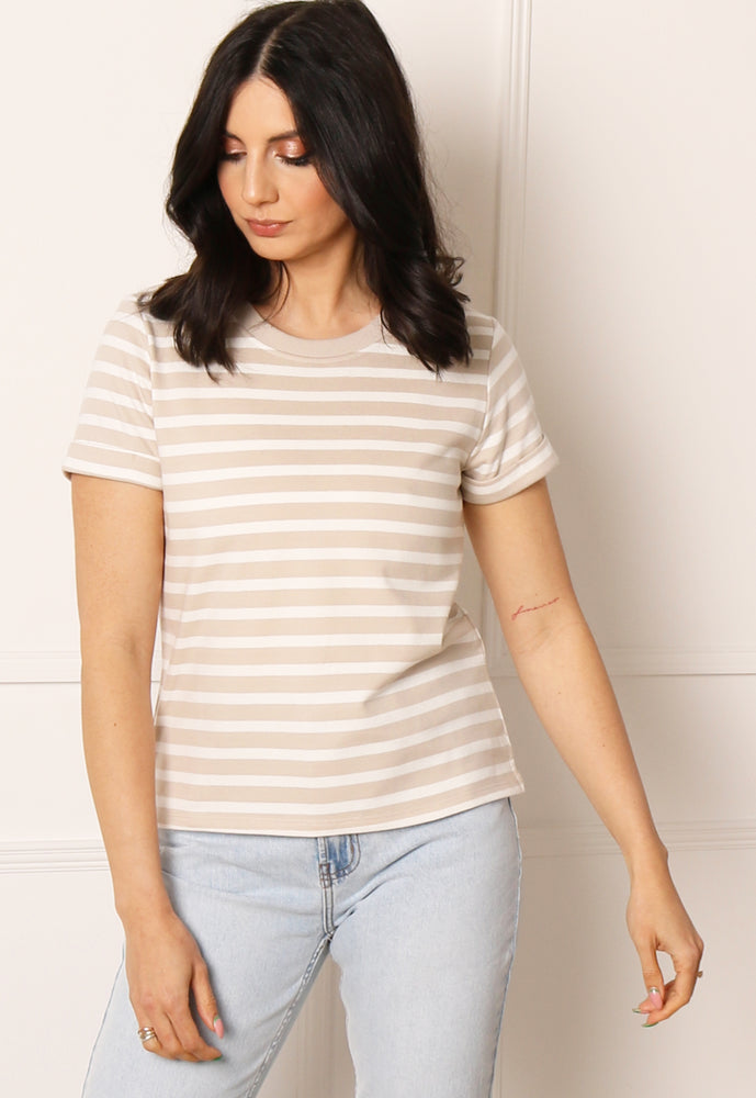 JDY Stripe Short Sleeve T-shirt in Beige & White - concretebartops