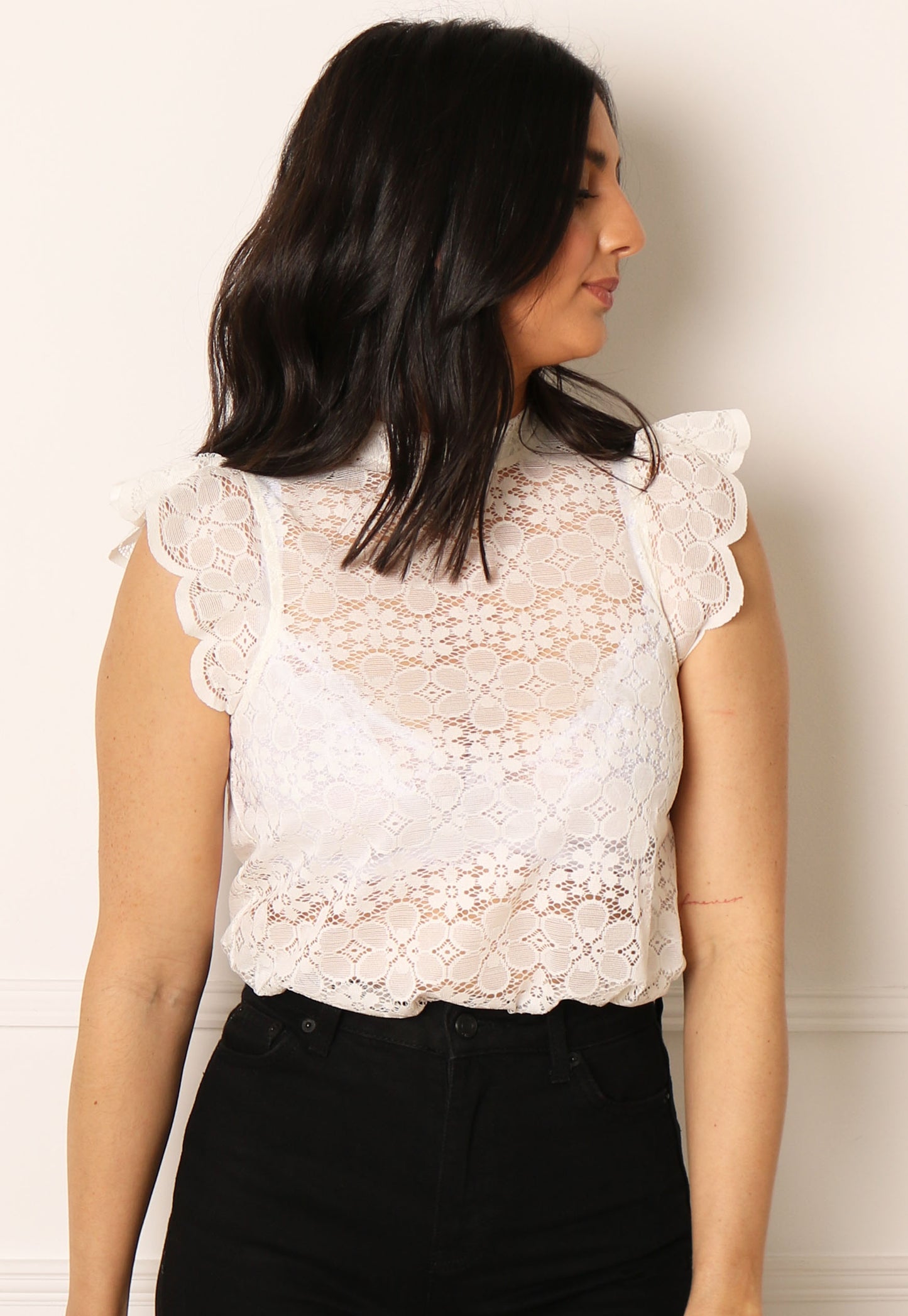 JDY Blond High Neck Lace Top in Soft Cream - concretebartops
