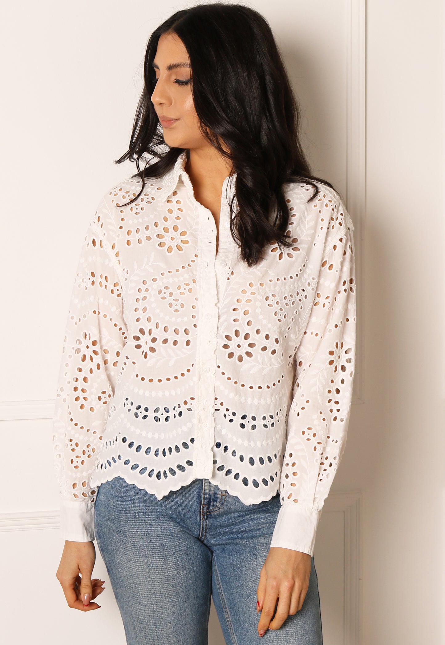 ONLY Lisa Broderie Anglaise Lace Long Sleeve Shirt in White - vietnamzoom