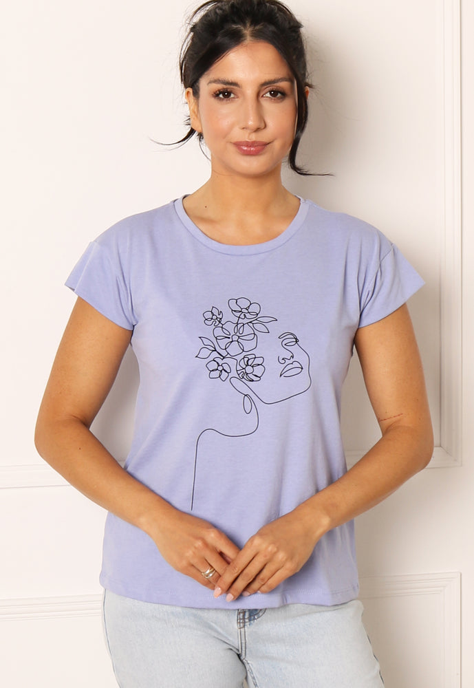 VILA Abstract One Line Woman's Face Drawing T-shirt in Light Blue - concretebartops