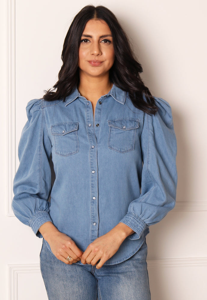 ONLY Mallory Fitted Denim Shirt with Puff Sleeve in Washed Blue - concretebartops