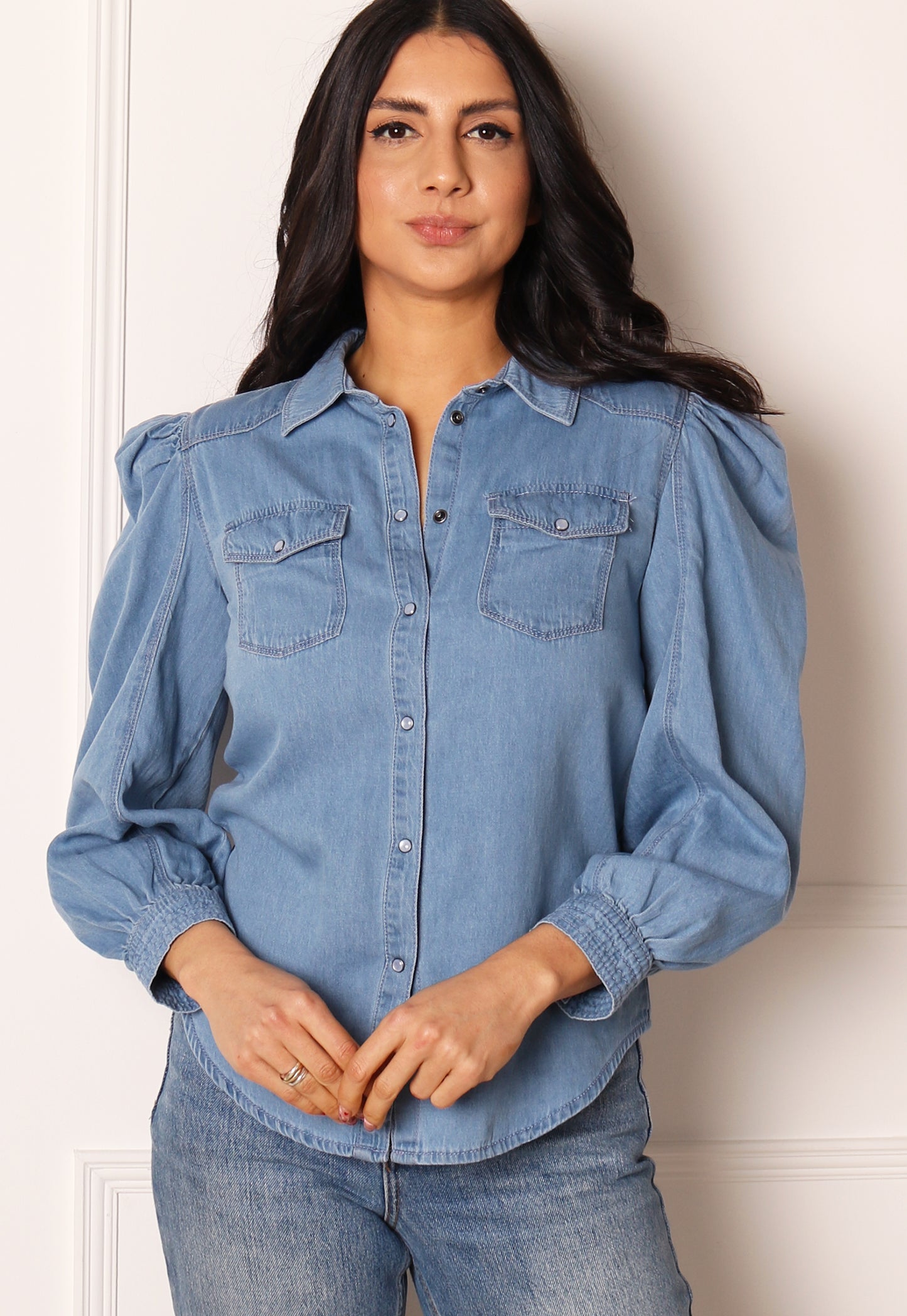 ONLY Mallory Fitted Denim Shirt with Puff Sleeve in Washed Blue - concretebartops