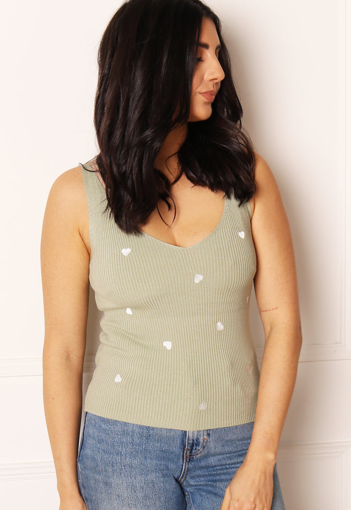 JDY Heart Embroidered Ribbed Knit V Neck Tank Top Vest in Sage Green & White - concretebartops