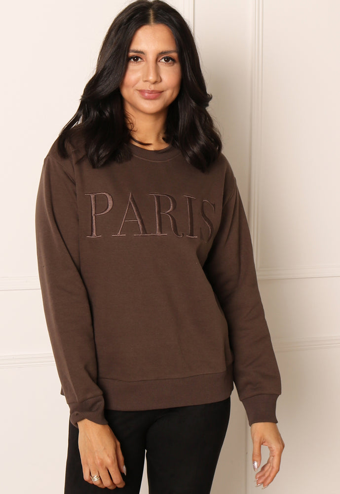 ONLY Paris Embroidered Slogan Sweatshirt in Chocolate Brown - concretebartops