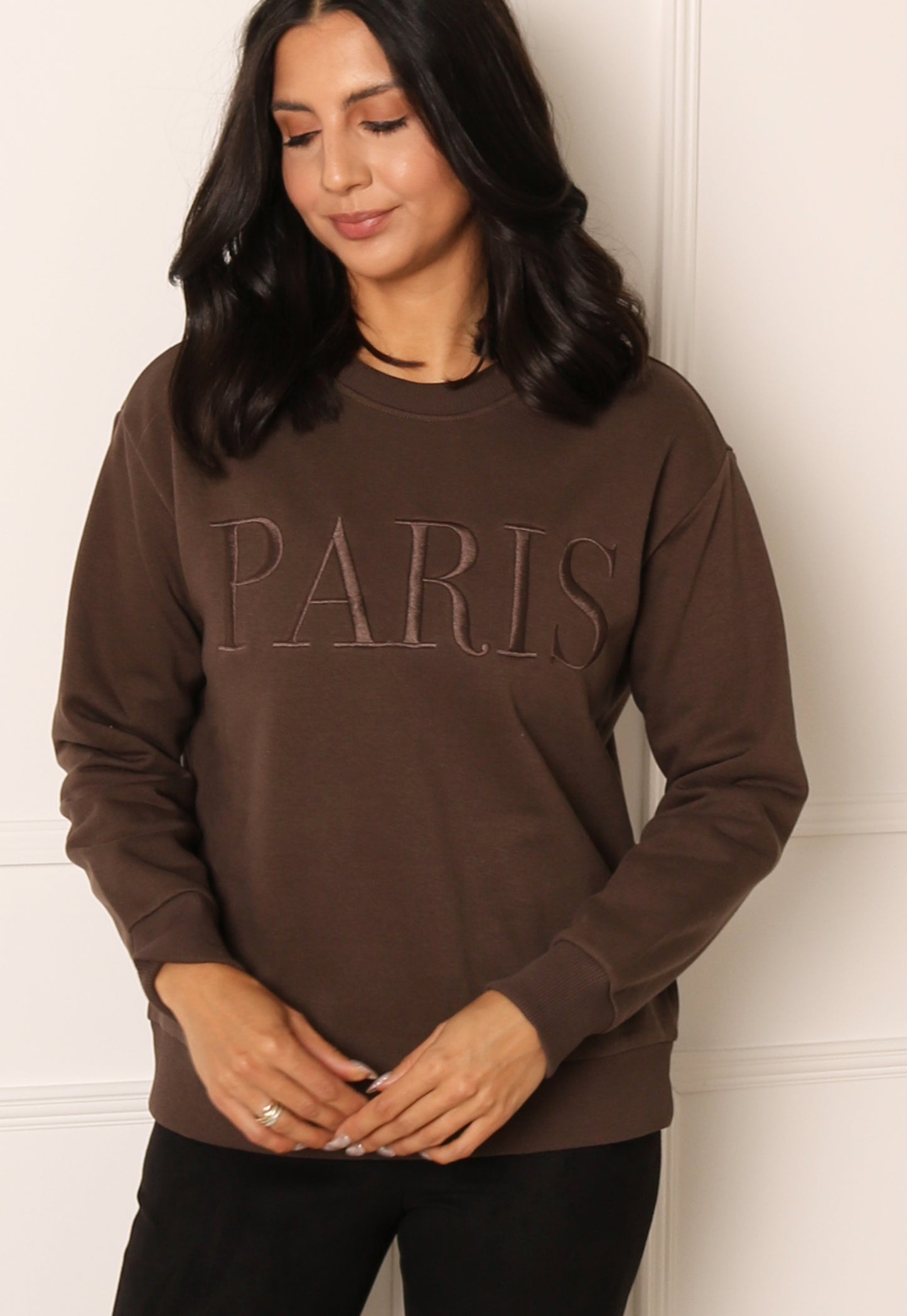 ONLY Paris Embroidered Slogan Sweatshirt in Chocolate Brown - concretebartops