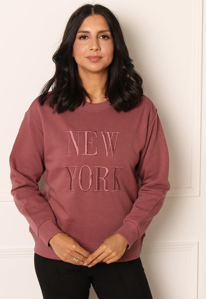 ONLY New York Embroidered Slogan Sweatshirt in Mauve - concretebartops