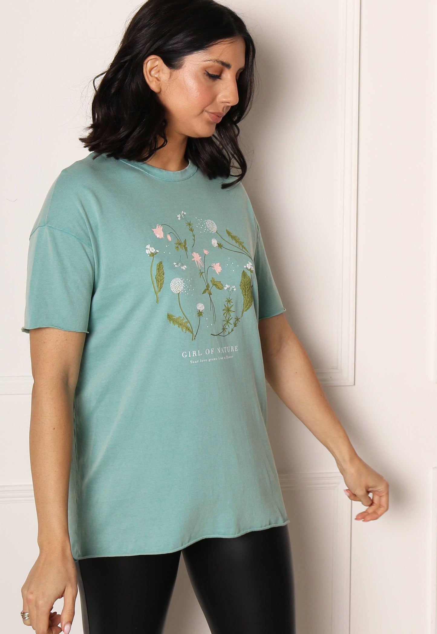 ONLY Lucy Botanical Flower Graphic Tee in Washed Turquoise - concretebartops