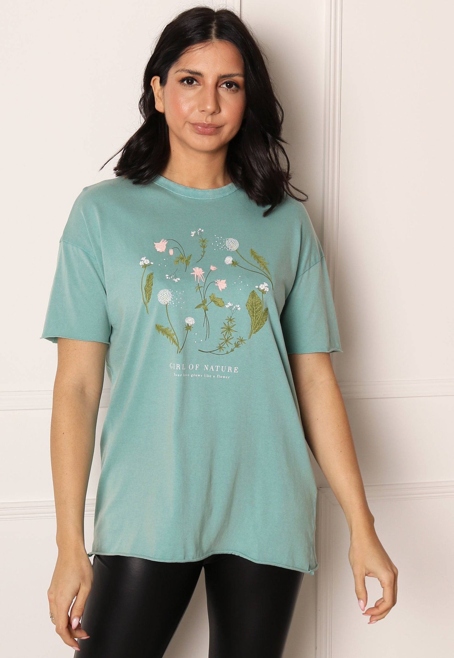 ONLY Lucy Botanical Flower Graphic Tee in Washed Turquoise - concretebartops