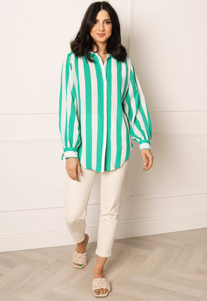 VILA Stripe Lightweight Oversized Cotton Shirt in Green & White - concretebartops