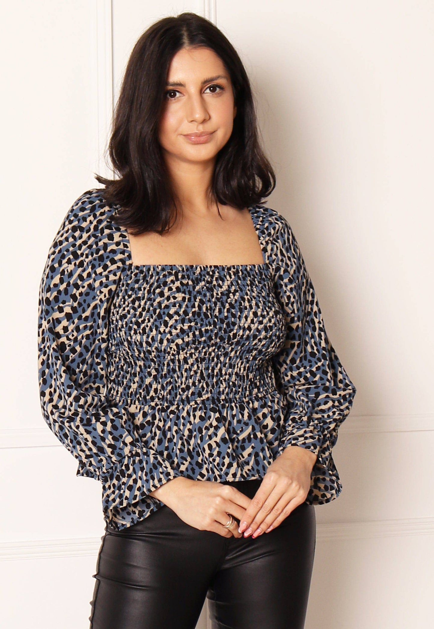 ONLY Lux Animal Print Shirred Top in Blue, Beige & Black - concretebartops
