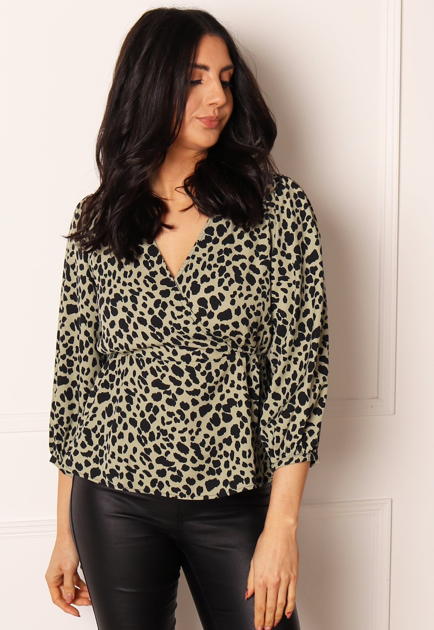 ONLY Sumi Leopard Print Wrap Top with Three Quarter Sleeves in Green & Black - concretebartops
