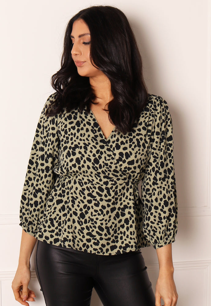 ONLY Sumi Leopard Print Wrap Top with Three Quarter Sleeves in Green & Black - concretebartops