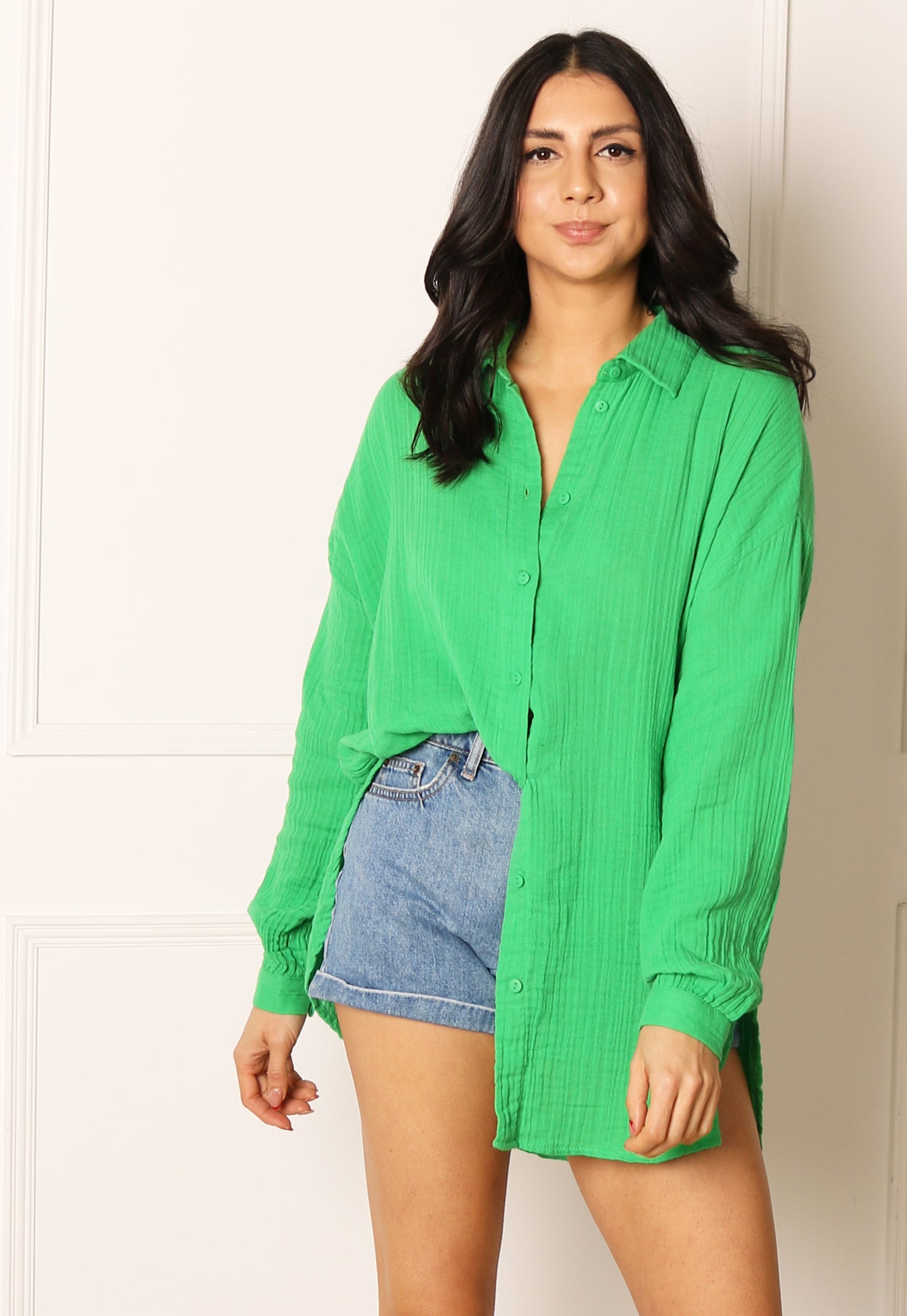 ONLY Thyra Oversized Cotton Cheesecloth Beach Shirt in Green - concretebartops