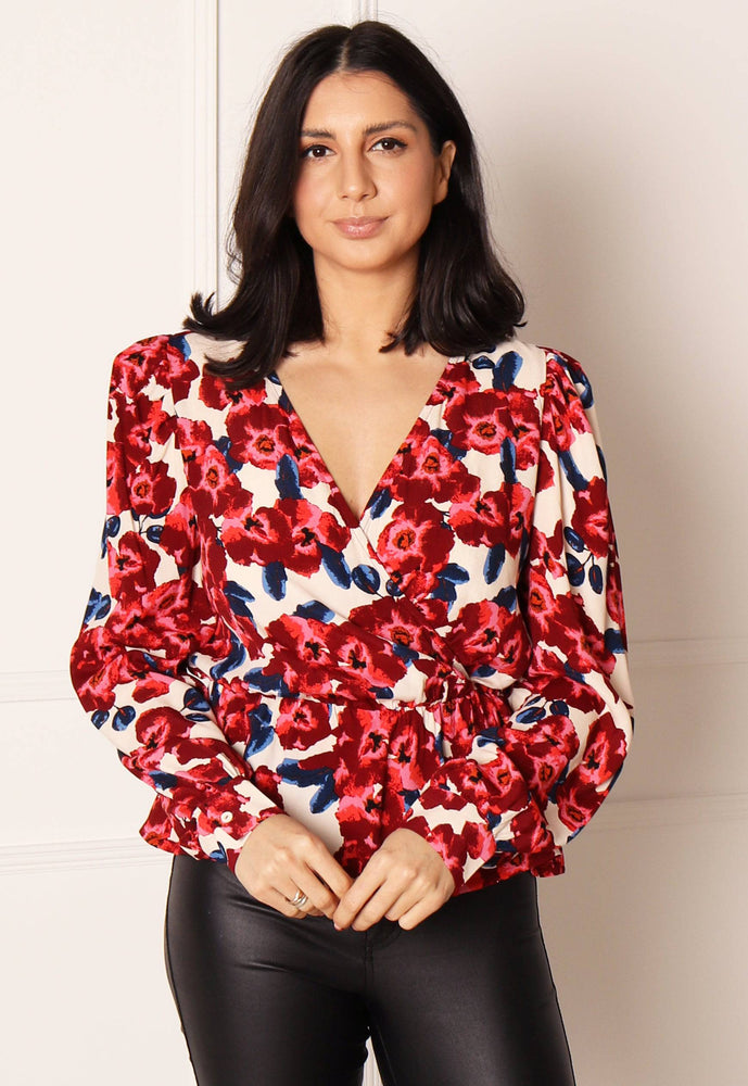 ONLY True Floral Print Wrap Top with Long Sleeves in Red & Pink - vietnamzoom