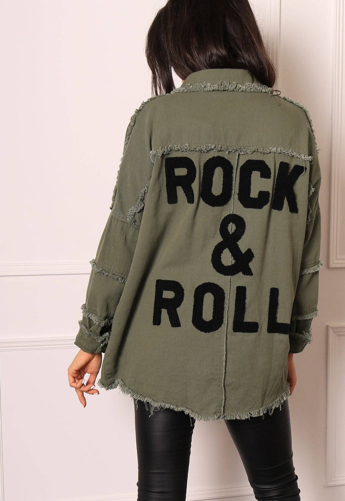 Rock & Roll Slogan Oversized Shirt Jacket in Khaki Green - concretebartops