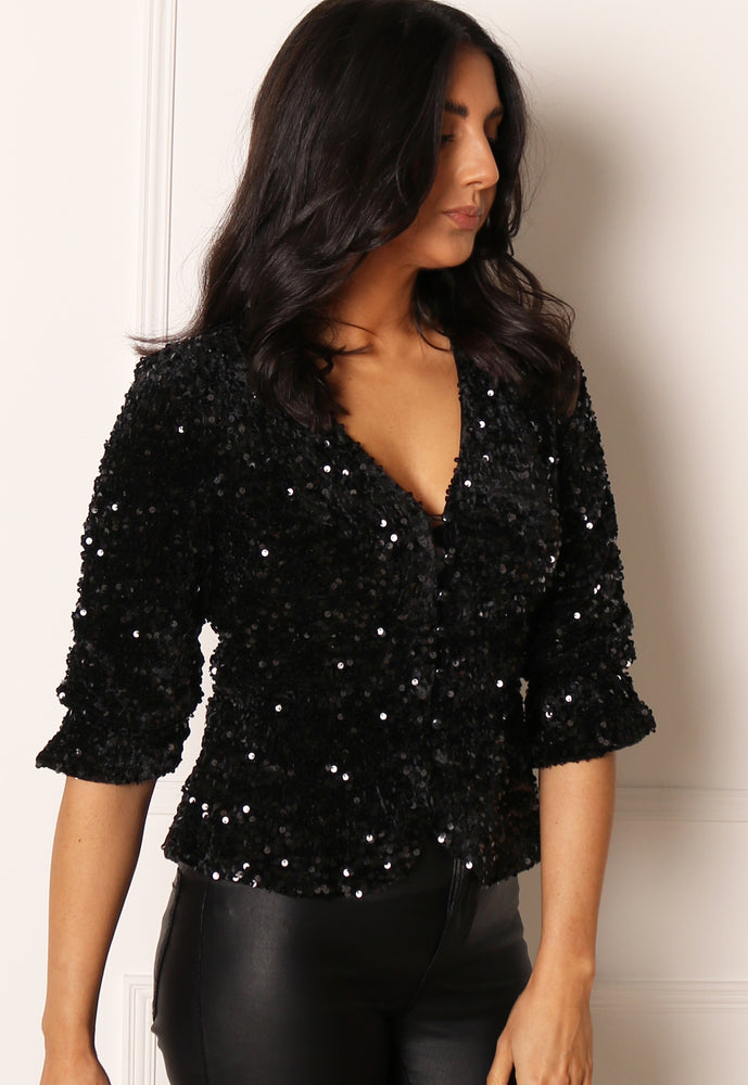 ONLY Anika Sequin & Velvet Button Up Peplum Top in Black - concretebartops