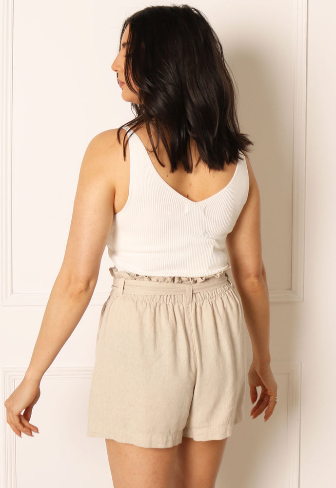 JDY Say High Waisted Linen Shorts with Belt in Beige - concretebartops