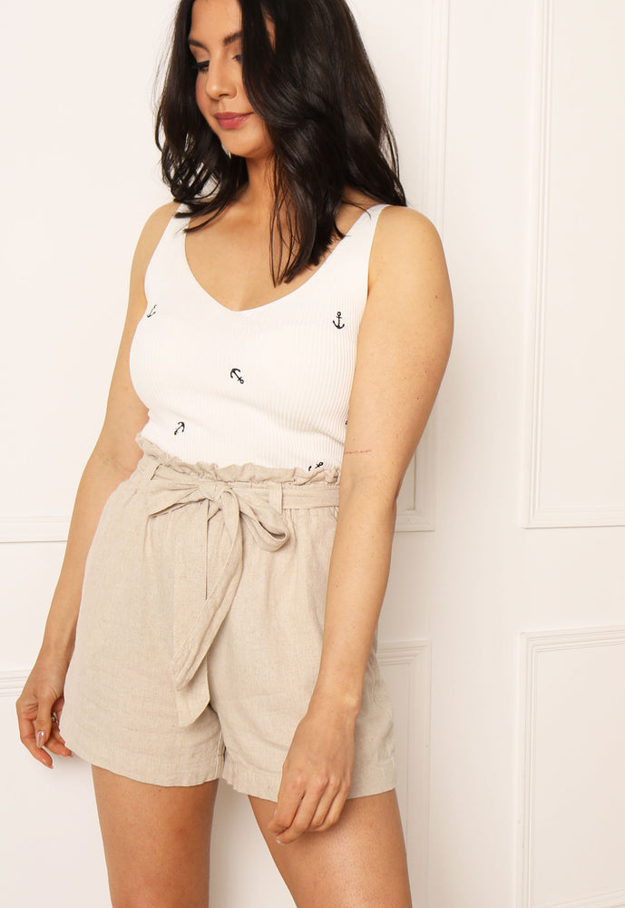 JDY Say High Waisted Linen Shorts with Belt in Beige - concretebartops