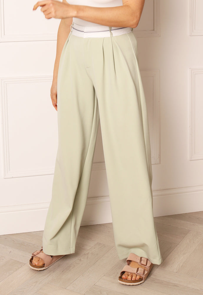 ONLY Malika Dart Wide Leg Relaxed Dad Trousers with Rolled Waistband in Sage Green - concretebartops