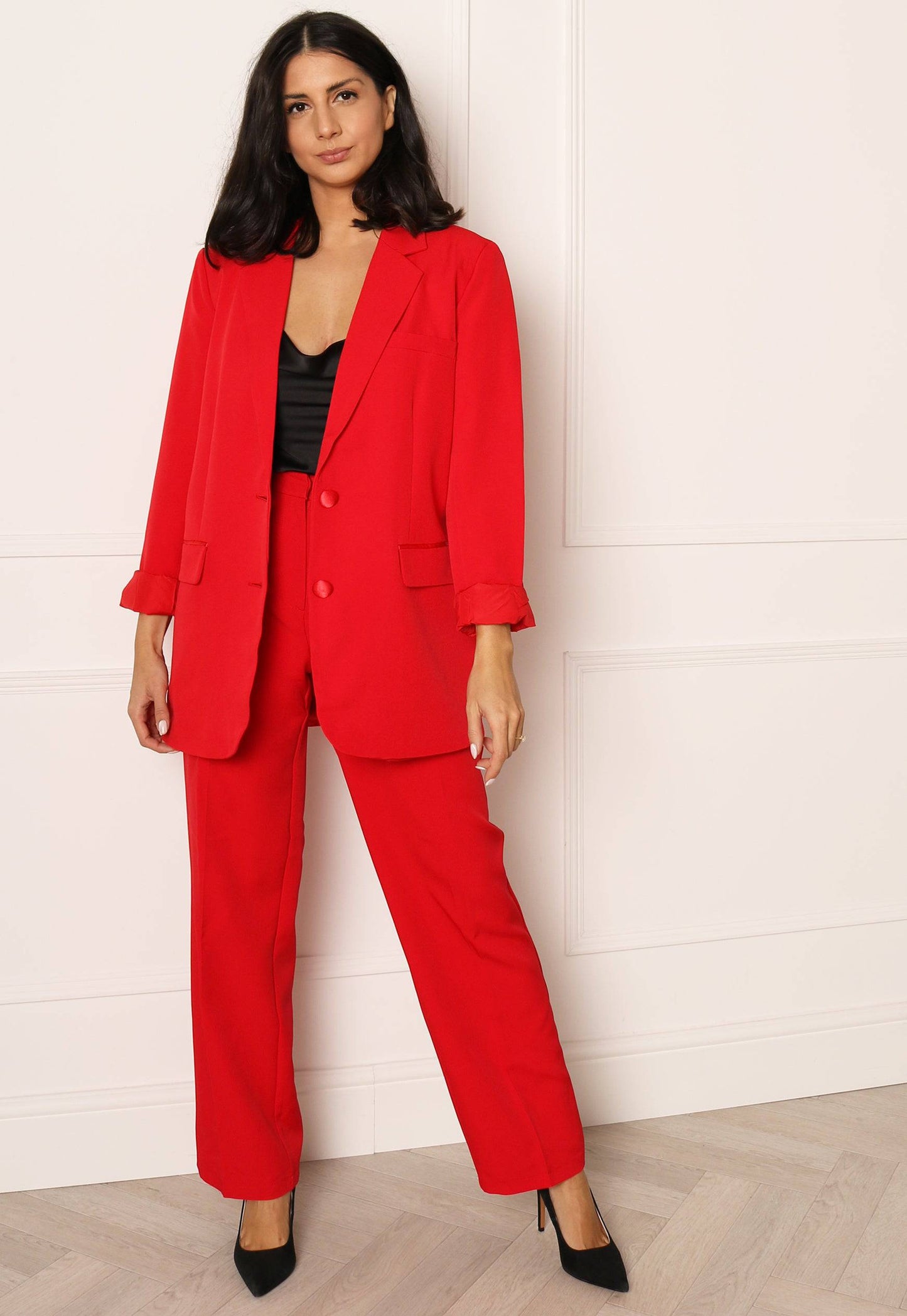 VILA High Waist Wide Leg Suit Trousers in Red - concretebartops