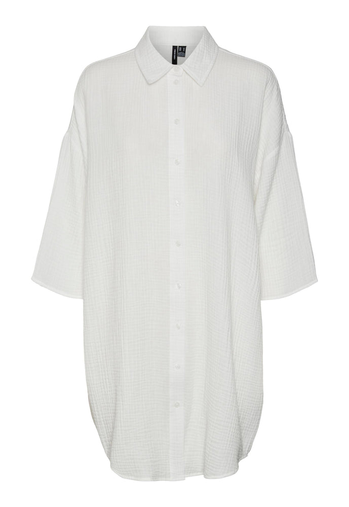 VERO MODA Natali Oversized Cotton Cheesecloth Beach Shirt Dress in White - concretebartops