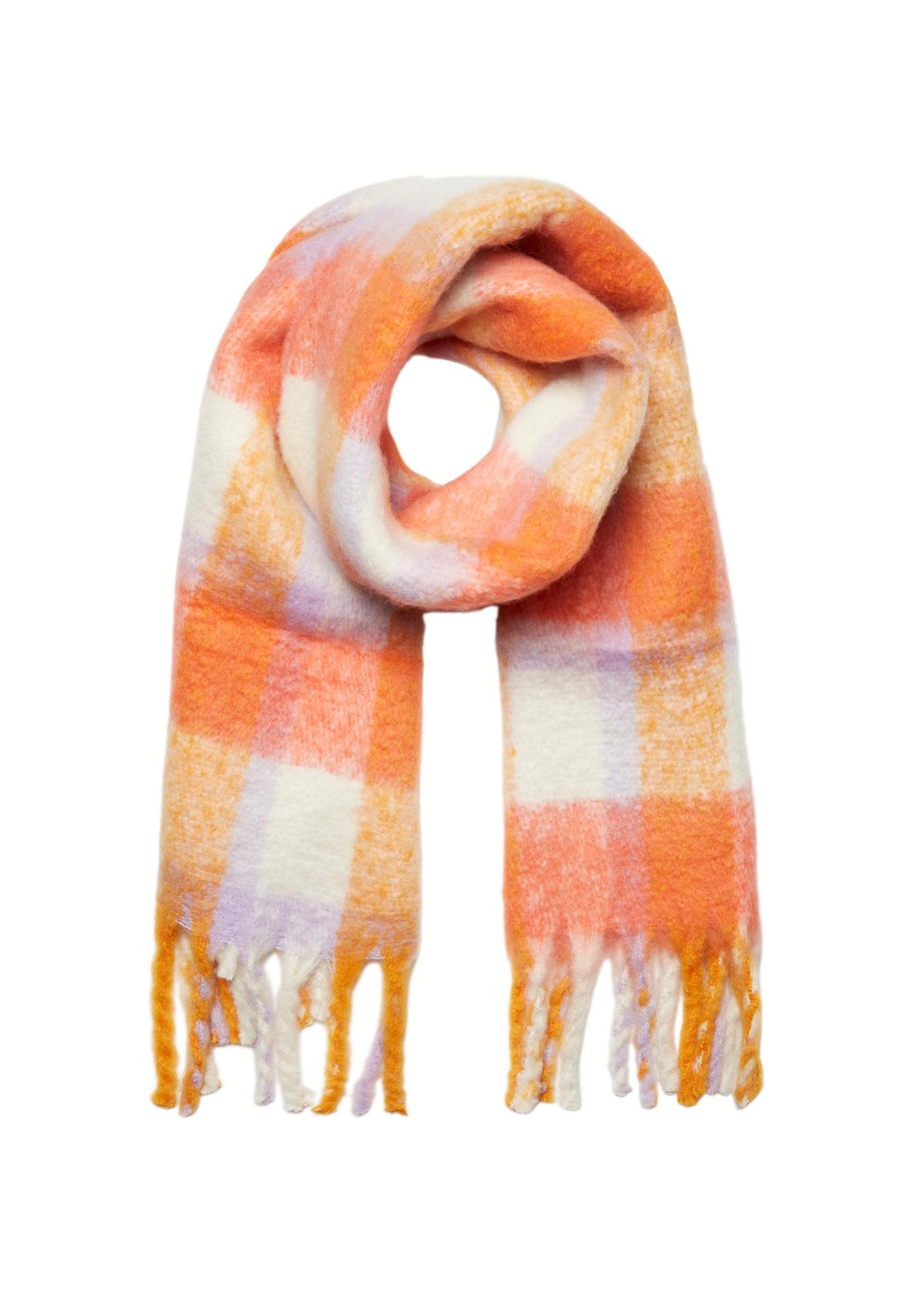 VERO MODA Oversized Brushed Check Scarf with Tassels in Orange & Lilac - concretebartops