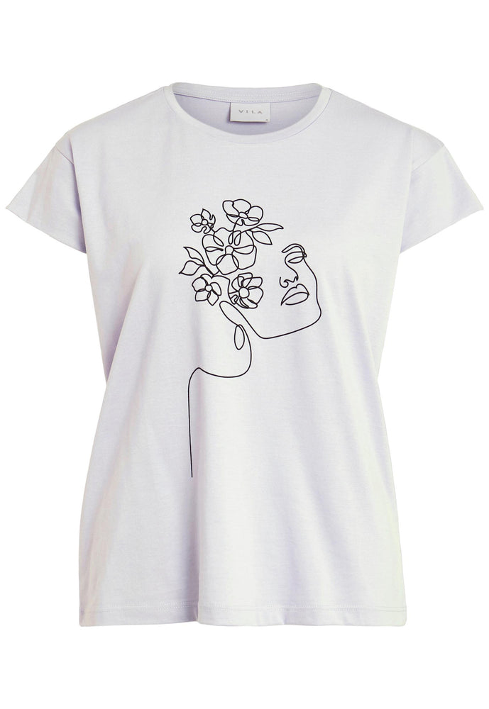 VILA Abstract One Line Woman's Face Drawing T-shirt in White - vietnamzoom
