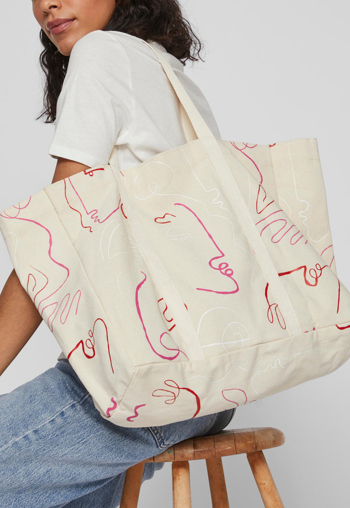 VILA Abstract Faces Canvas Tote Shopper Bag in Cream & Pink Tones - concretebartops