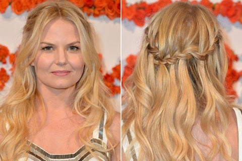 front and back of blonde haired celebrity with waterfall braids