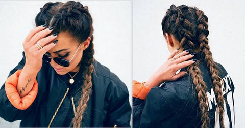 Front and back of woman with double dutch braided hair