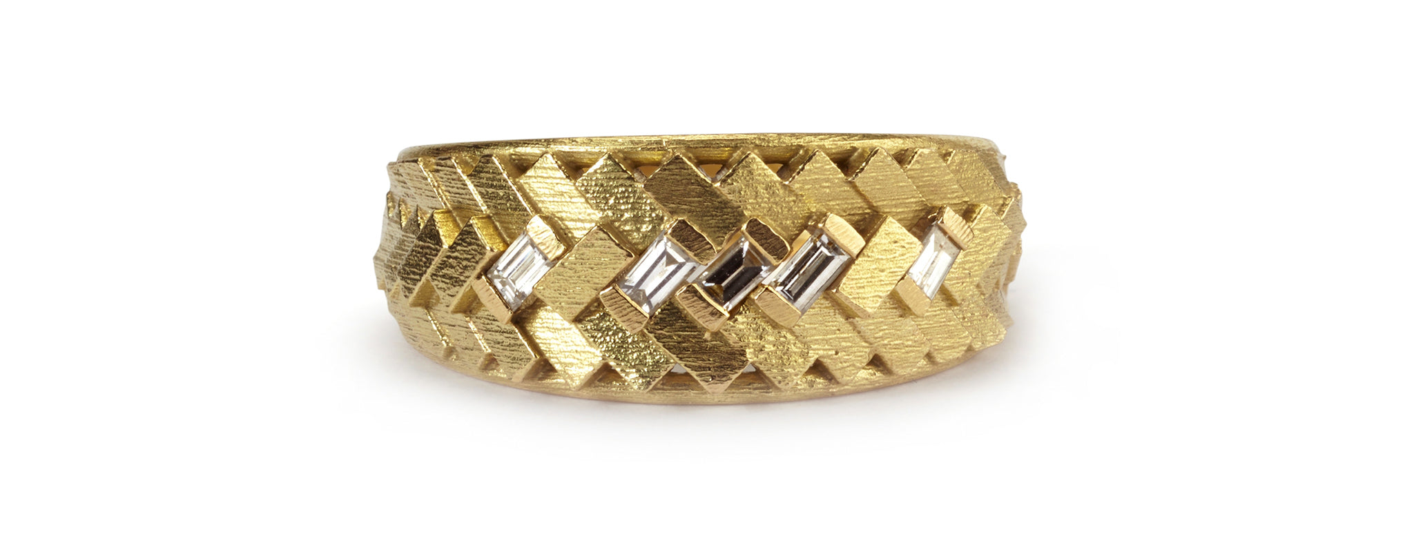 tapered parquet ring with baguette diamonds
