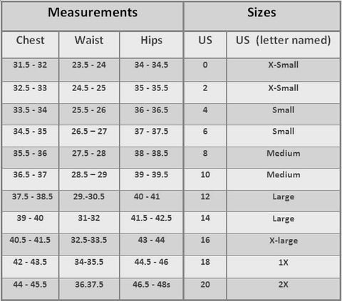 Size Chart, sizing guide, table of measurements